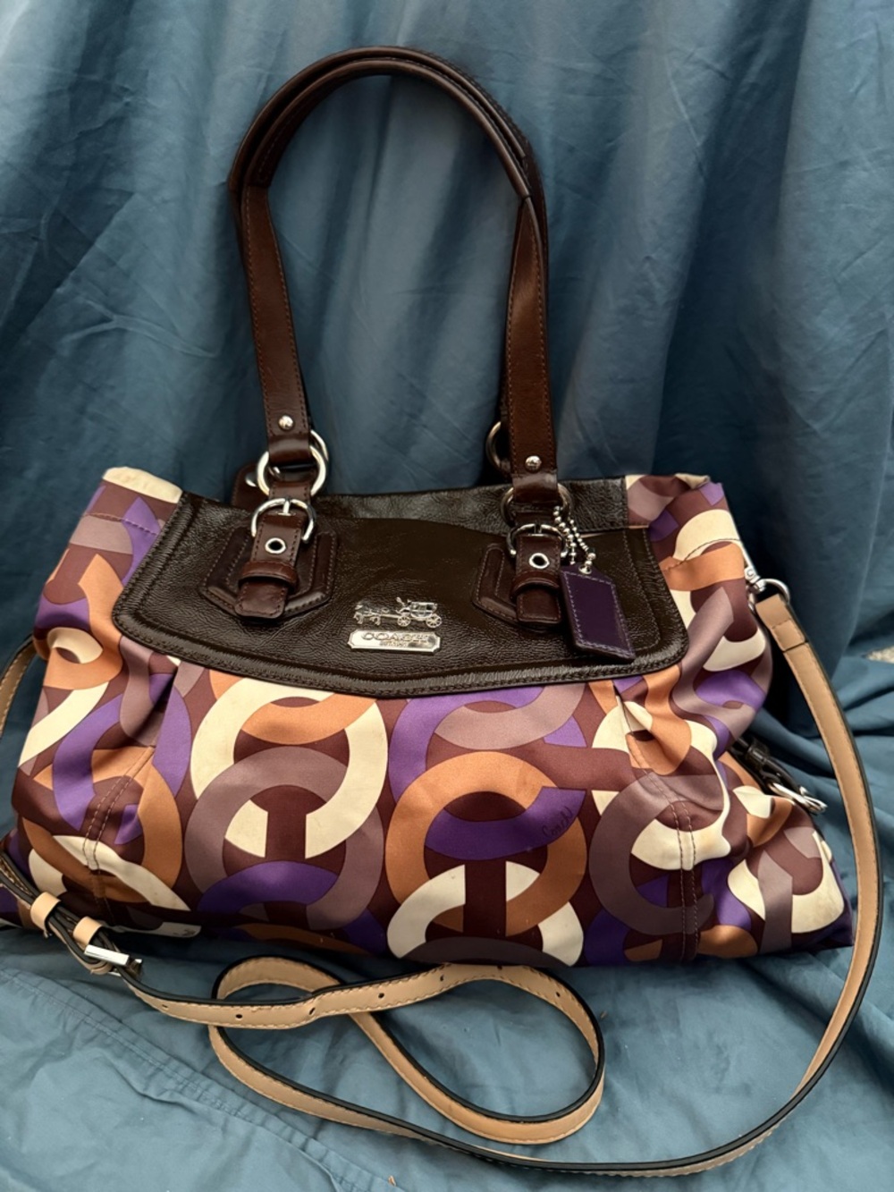 Coach Signature Pattern Leather-Trim Tote in Brown & Purple